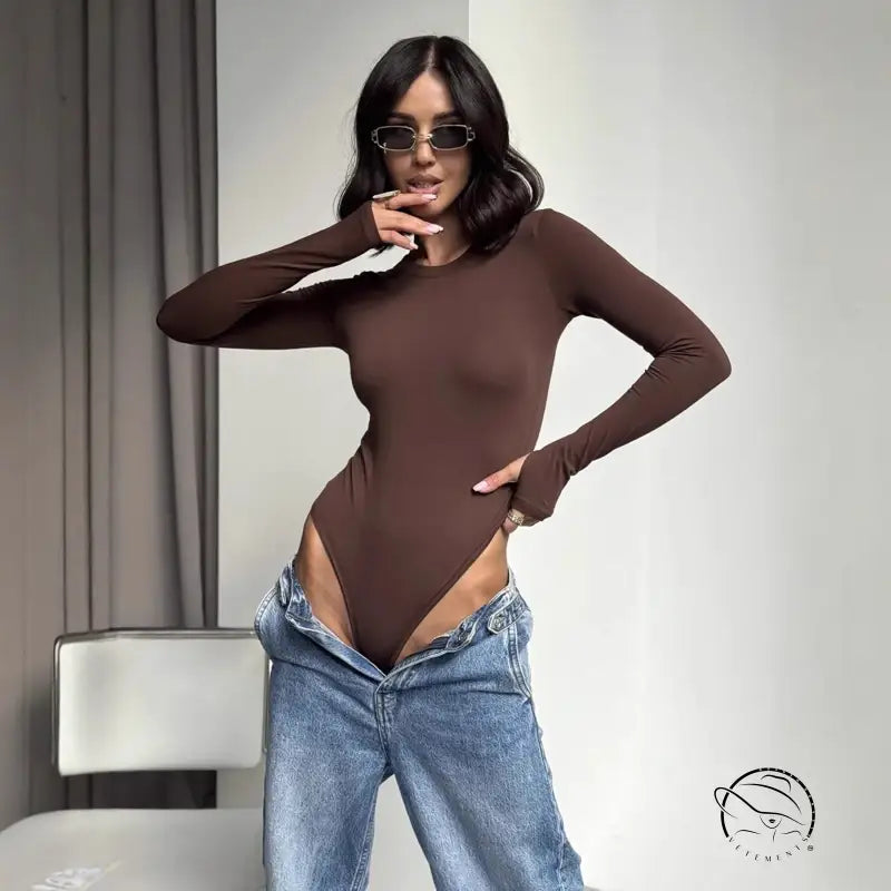 Autumn Winter long-sleeved base bodysuit in brown stretchy fabric with cutout design