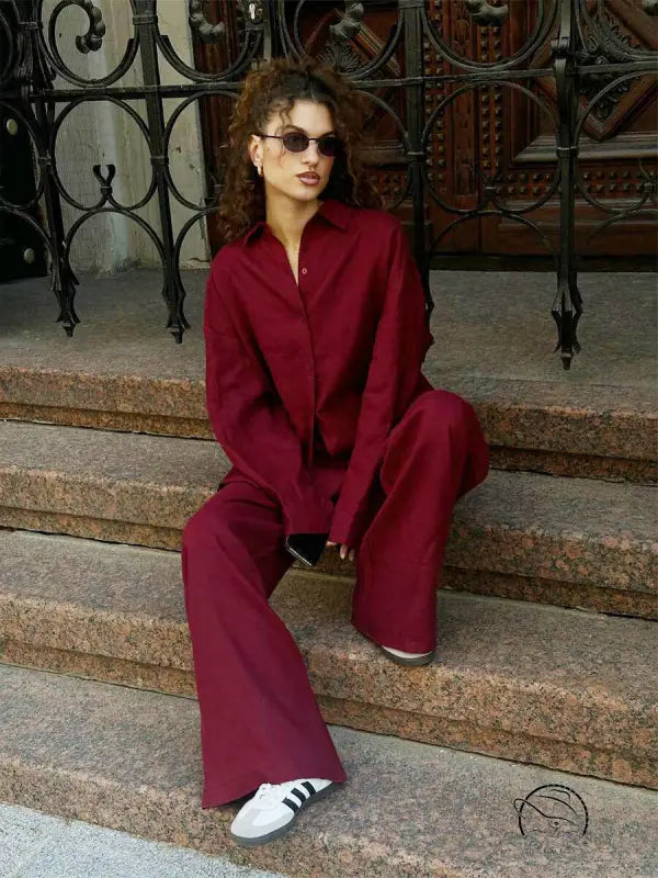 Burgundy linen suit with sneakers in Langry cotton shirt fashion set