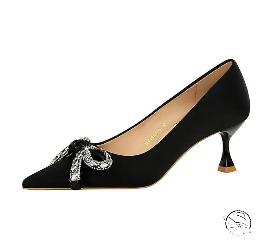 Langry fashion black satin kitten heel pump with silver snake embellishment