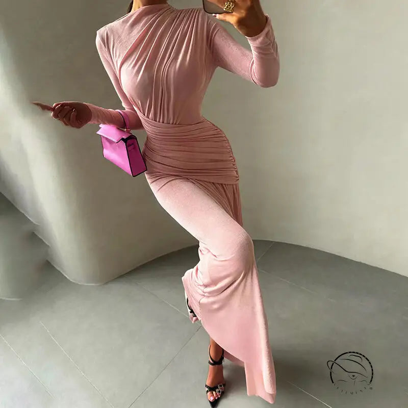 Blush pink winter pleated slim fit dress with ruched high slit and long sleeves