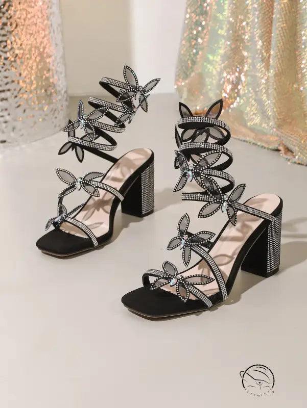 Langry fashion silver leaf high heel sandal with rhinestone bow and black straps