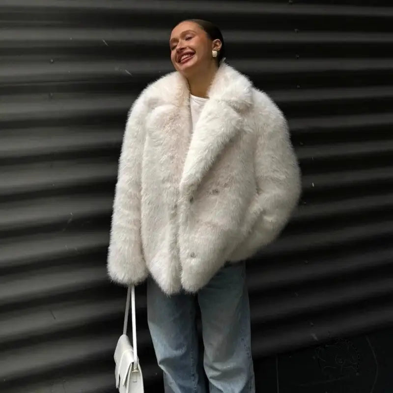 Winter warm faux fur coat with fluffy white jacket, floral embellishments, structured collar