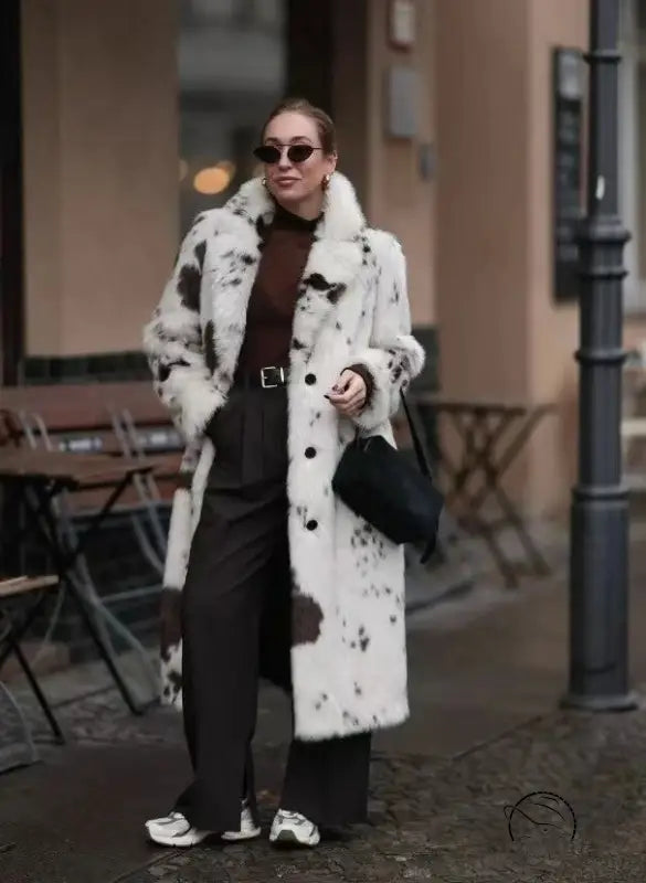 Cozy faux fur long coat in black and white cow print with shearling collar