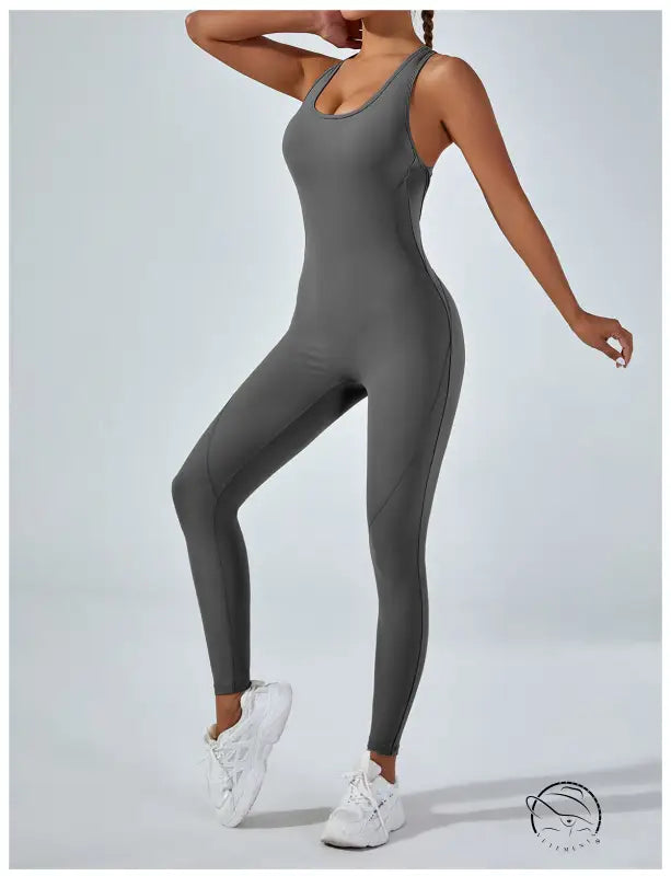 Sleek gray langry yoga one-piece jumpsuit with racerback design