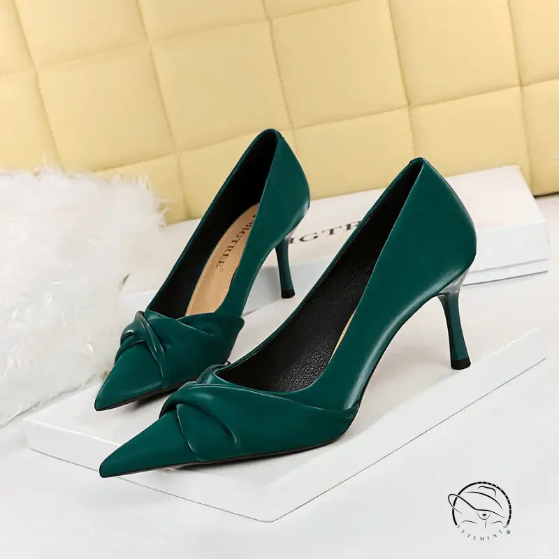 Langry fashion green patent leather stiletto heel pumps with bow detail