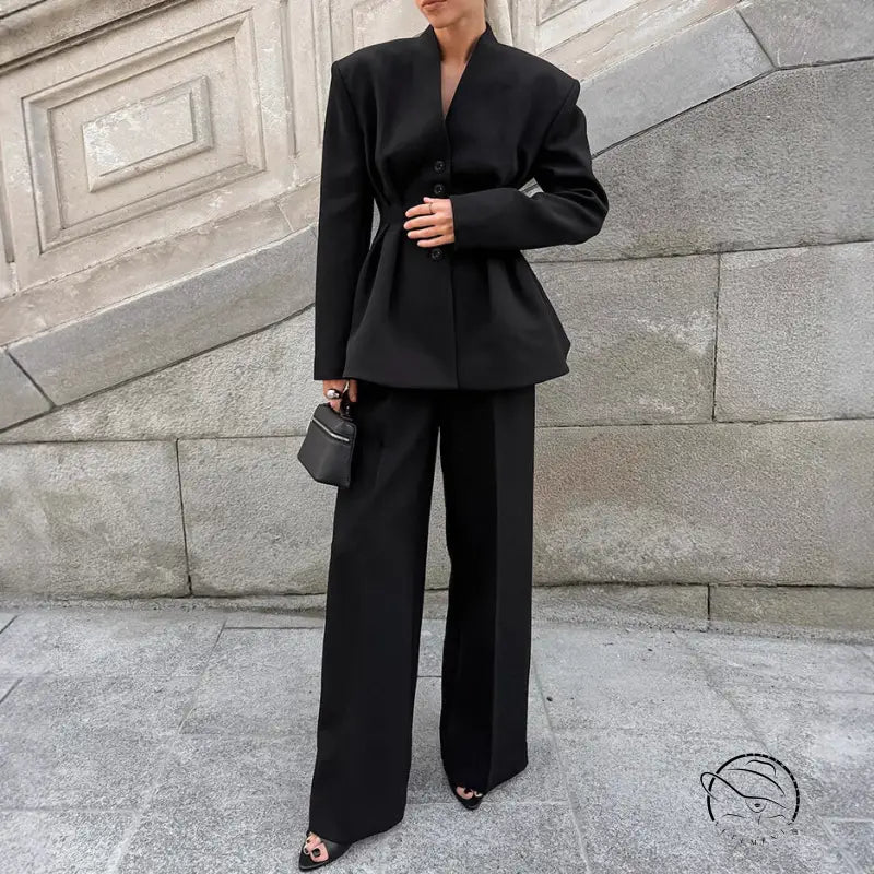 High Grade Pleated Waist Tight Blazer Trousers Two Piece Set