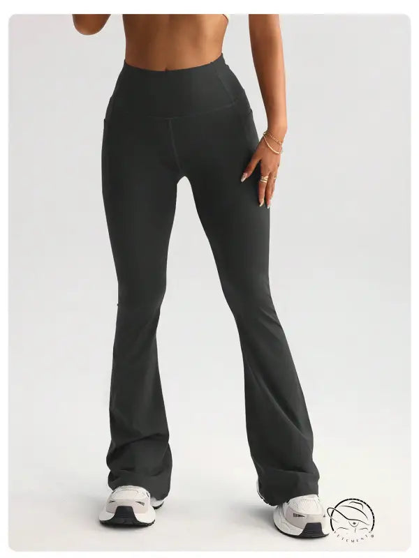 Black langry high-waisted flared yoga pants in smooth stretchy fabric with side pockets