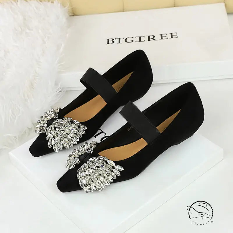 Langry fashion black suede ballet flats with silver embellishments and mary jane strap