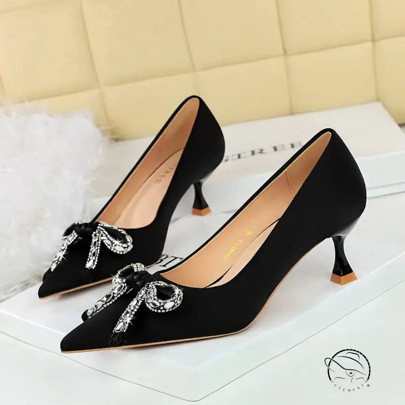 Langry fashion black satin high heels with rhinestone bows and gold tips