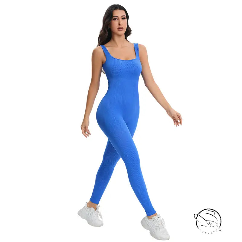 Vibrant royal blue ribbed langry fashion bodysuit with square neckline
