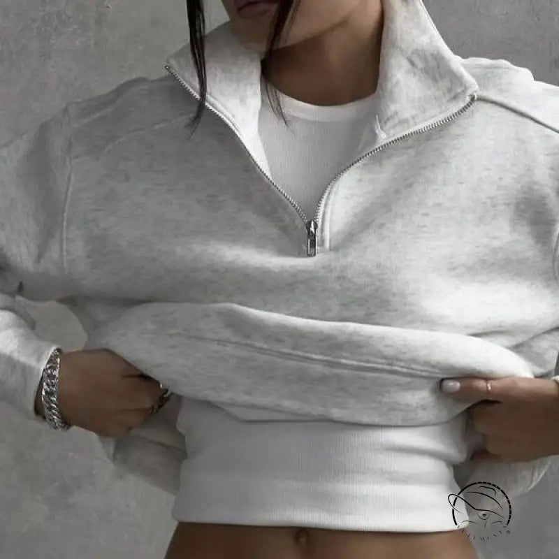 Gray half zipper autumn winter fleece lined sweatshirt for women