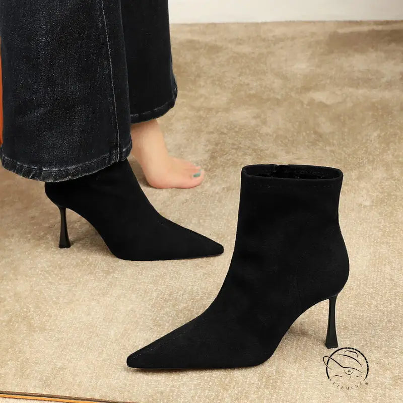 Elegant langry black suede ankle fashion boots with pointed toe and slim heel