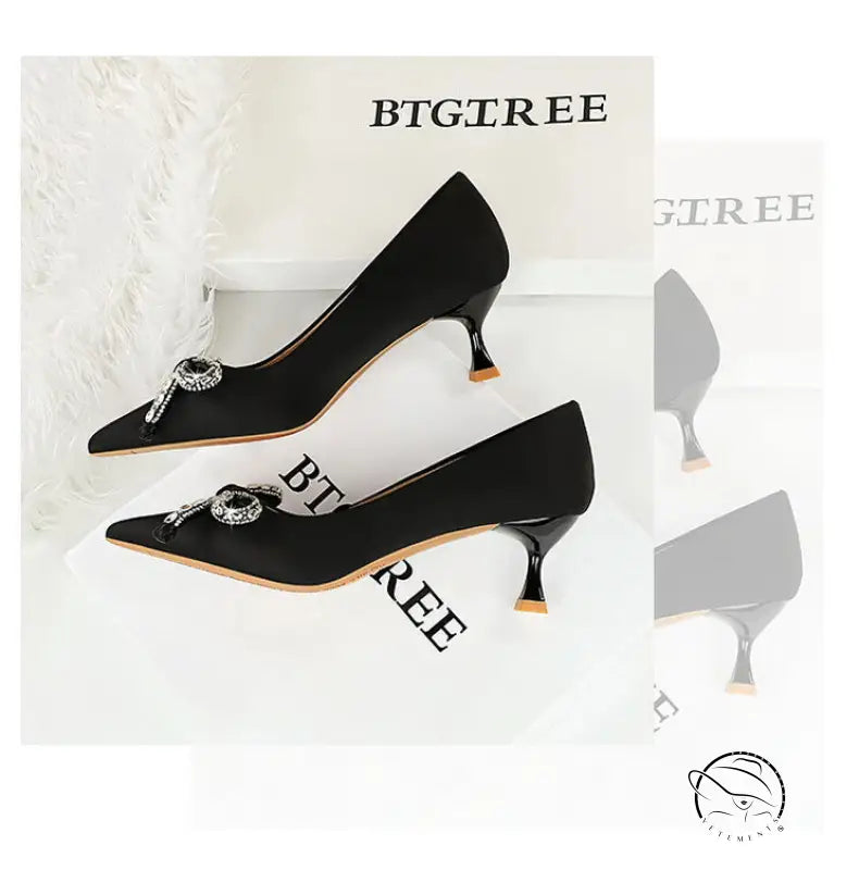 Elegant black satin langry fashion stiletto with rhinestone bow charm