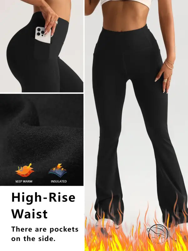 Langry wide leg high waist yoga pants in black insulated fabric with side pockets