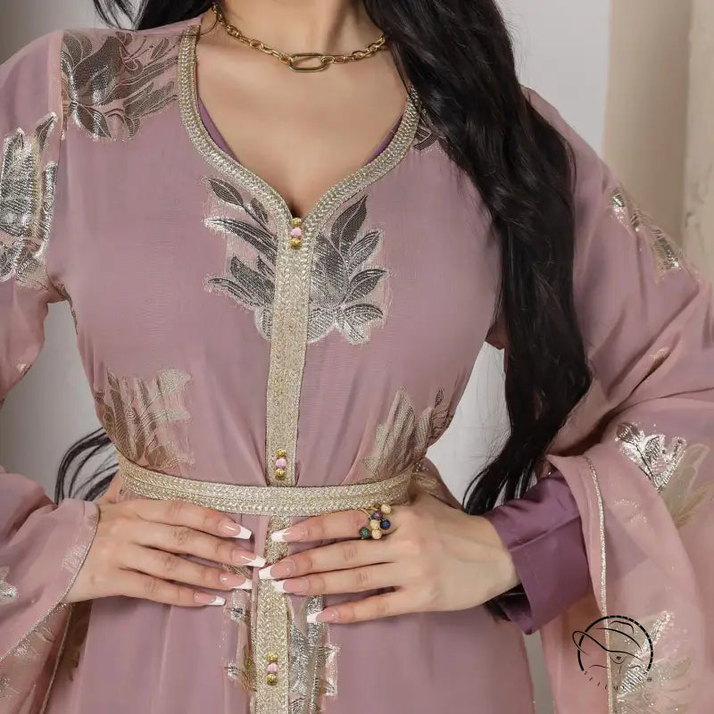 Lavender and gold embroidered langry fashion kaftan dress with v-neckline