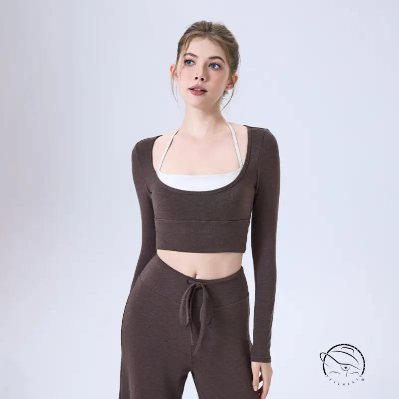Brown ribbed langry crop top with bralette straps for yoga running