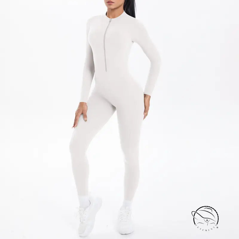 White long sleeve zip-front yoga one-piece athletic suit in langry fashion