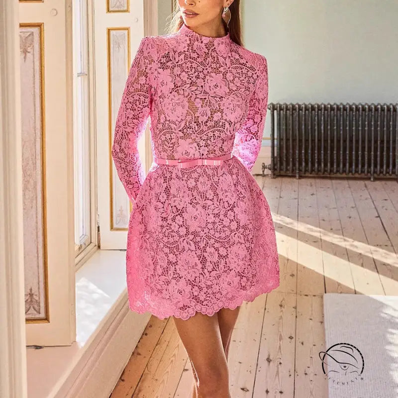 Womens pink lace sheer cutout belt mini dress with long sleeves