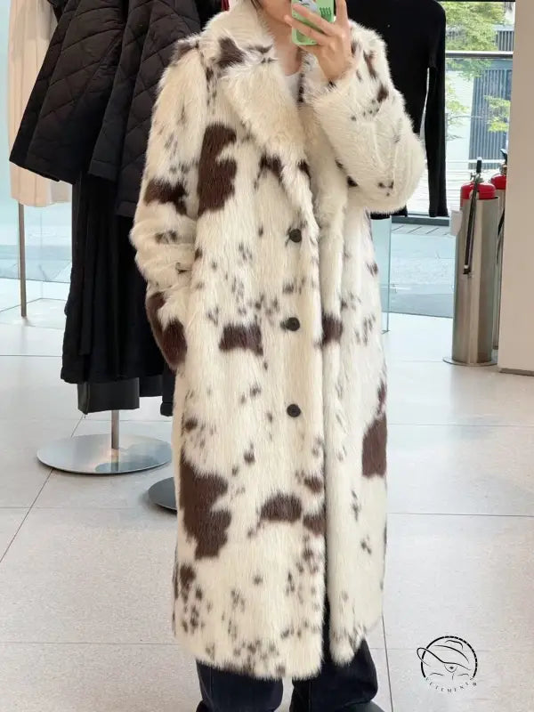 Cozy faux fur long coat with cow print, large buttons, high collar