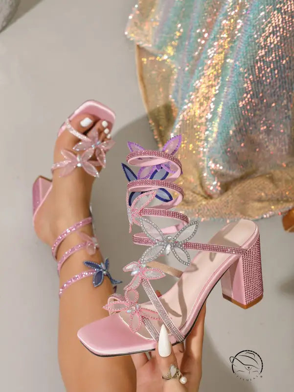 Pink langry fashion Rhinestone Bow Stiletto Heel with glittery floral crystals