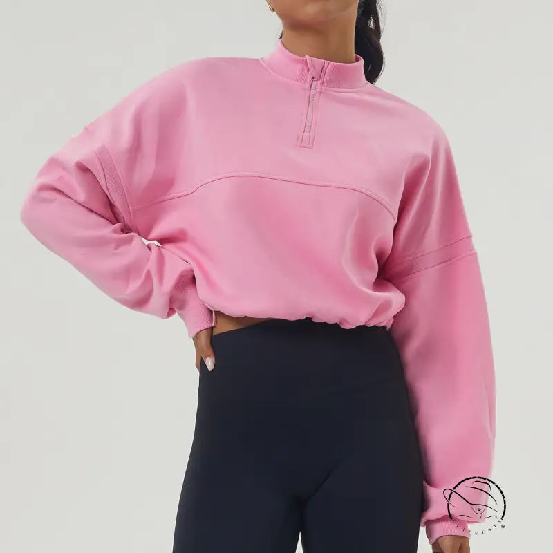 Pink autumn winter thickened quarter-zip sweatshirt for women