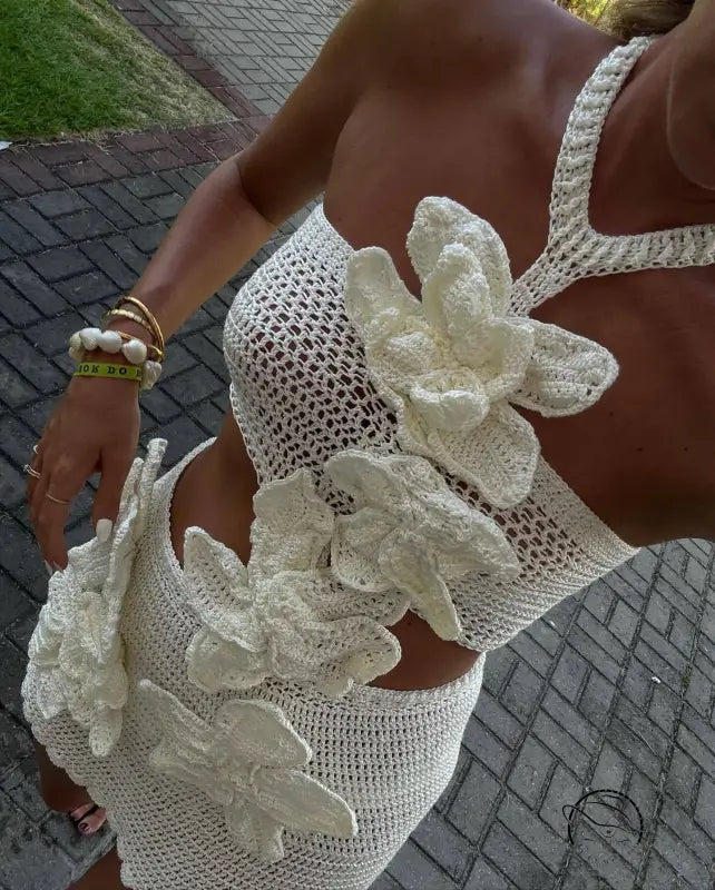 White beach holiday halter floral dress with crochet and applique details