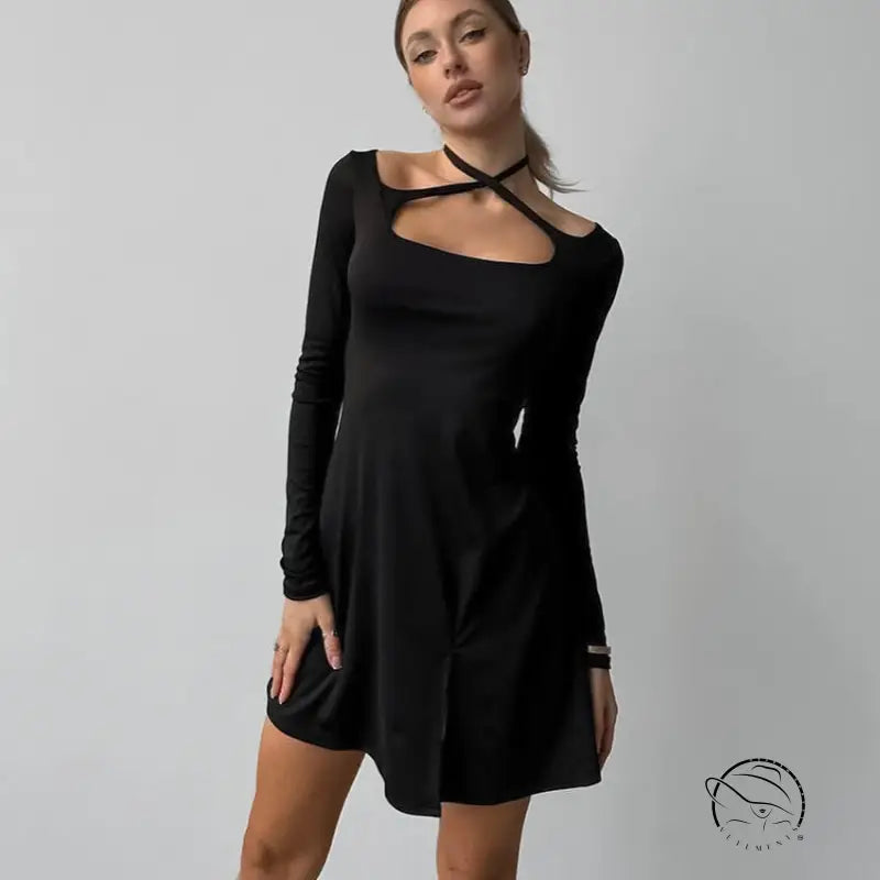 Black elegant knitted langry dress with cutout neckline