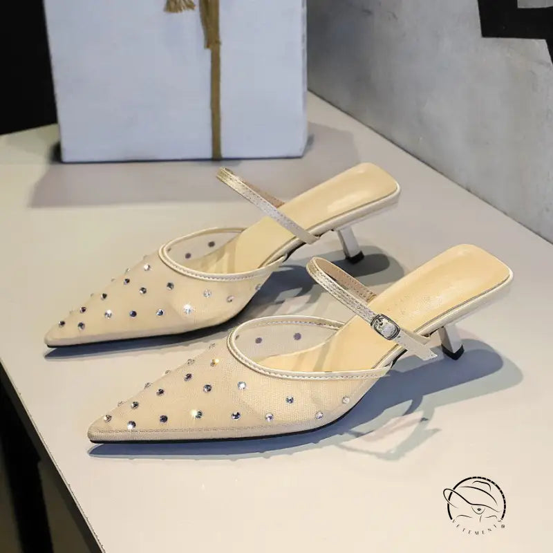 Langry fashion cream leather mule heels with silver rhinestones