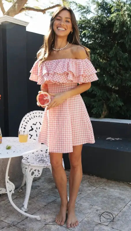 Elegant Plaid Off-shoulder Ruffled Collar Dress