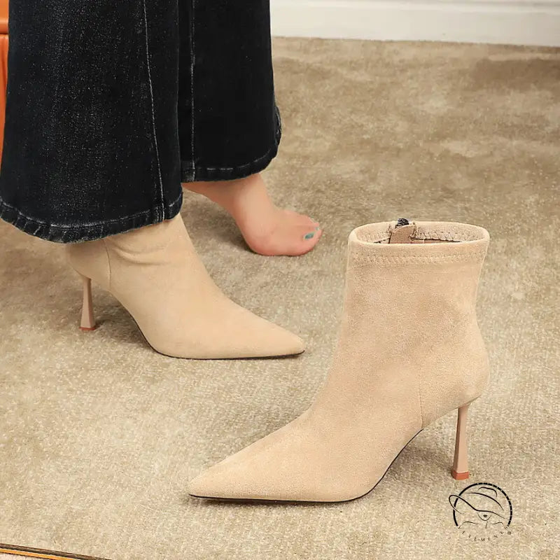 Elegant beige suede langry fashion ankle boots with pointed toe and slim heel