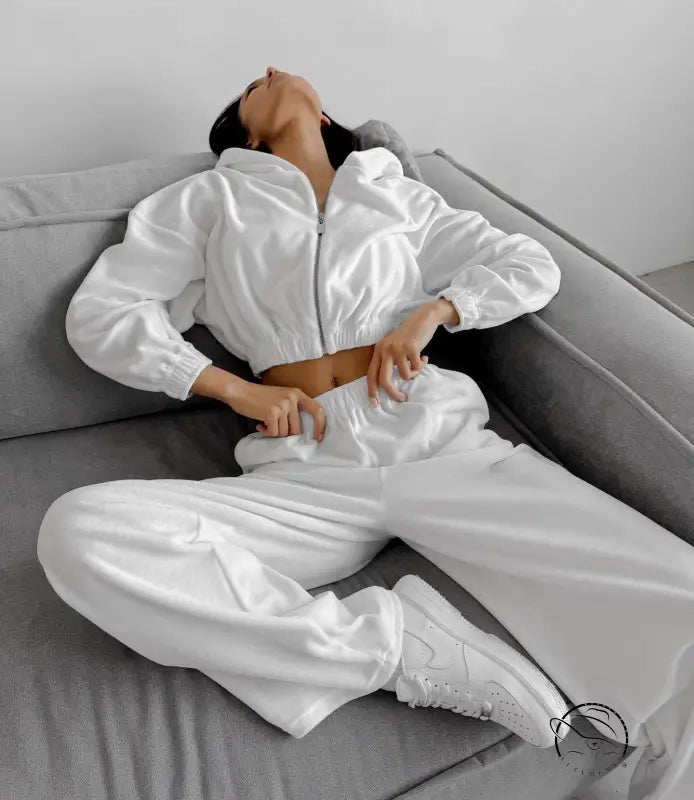 Langry white velvet hooded casual sports set with cropped hoodie and wide-leg pants