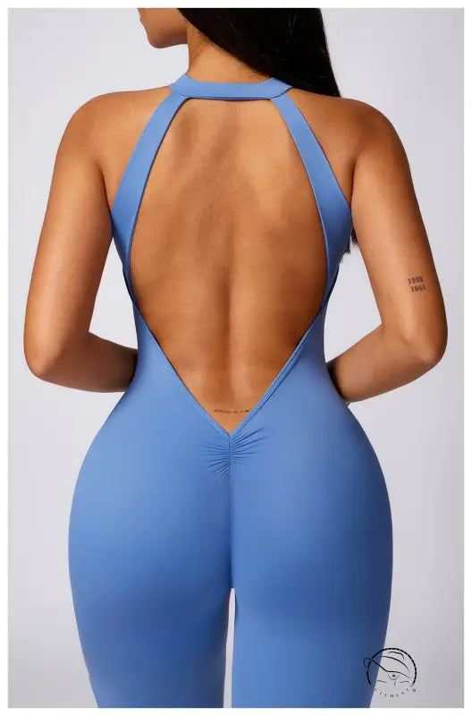 Sleek light blue langry fashion swimsuit with high-cut back and halter neck