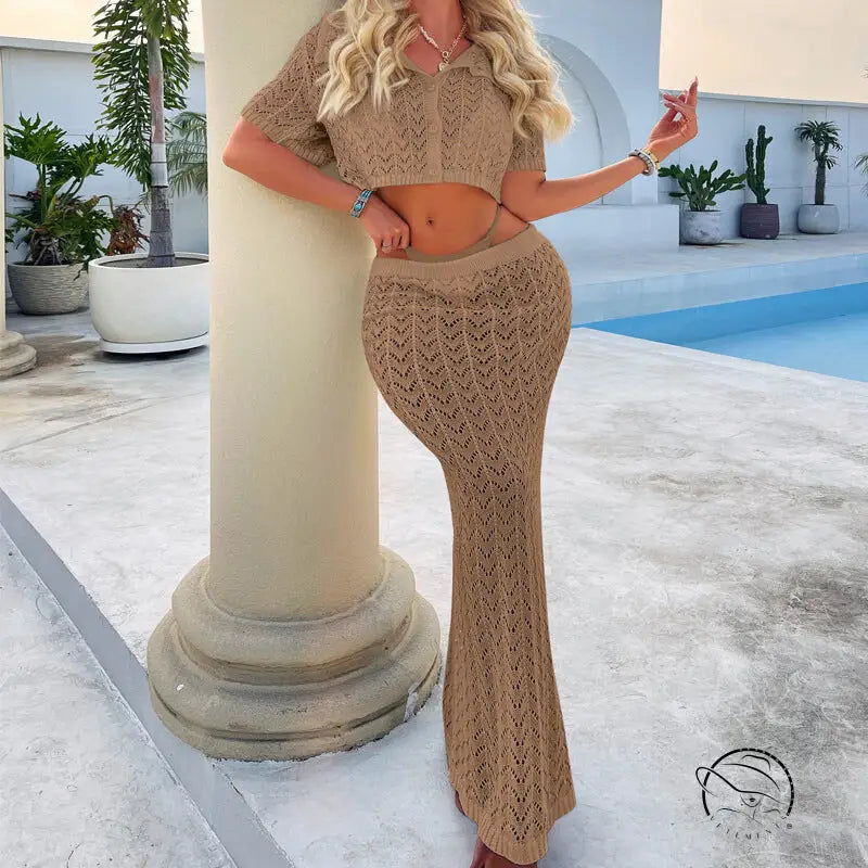 Tan crochet two-piece attractive shirt and maxi skirt set