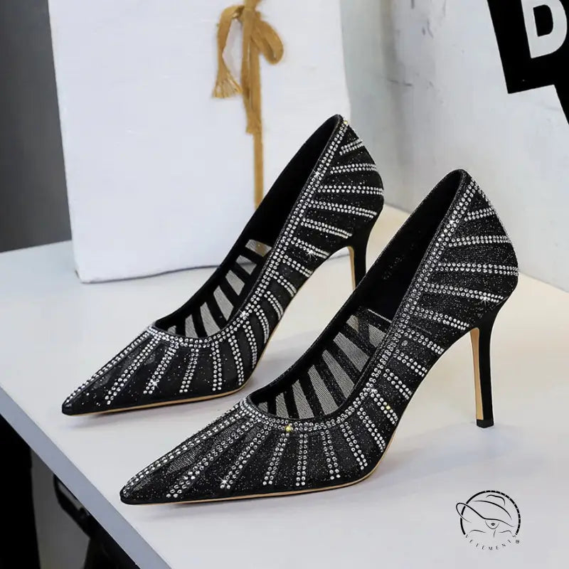Langry fashion black pointed high heels with silver rhinestones