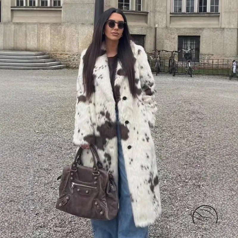 Cozy faux fur long coat with cow print, brown leather accents