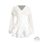 Elegant white ruffled langry fashion blouse with long sleeves and pleated bodice detailing