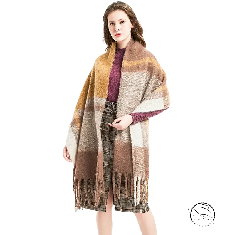 Colorful rose plaid navy wool stitching scarf over autumn outfit