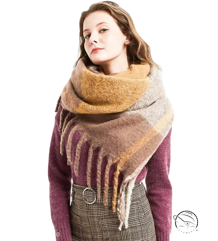 Woman in purple sweater wearing wool stitching scarf in rose plaid navy print