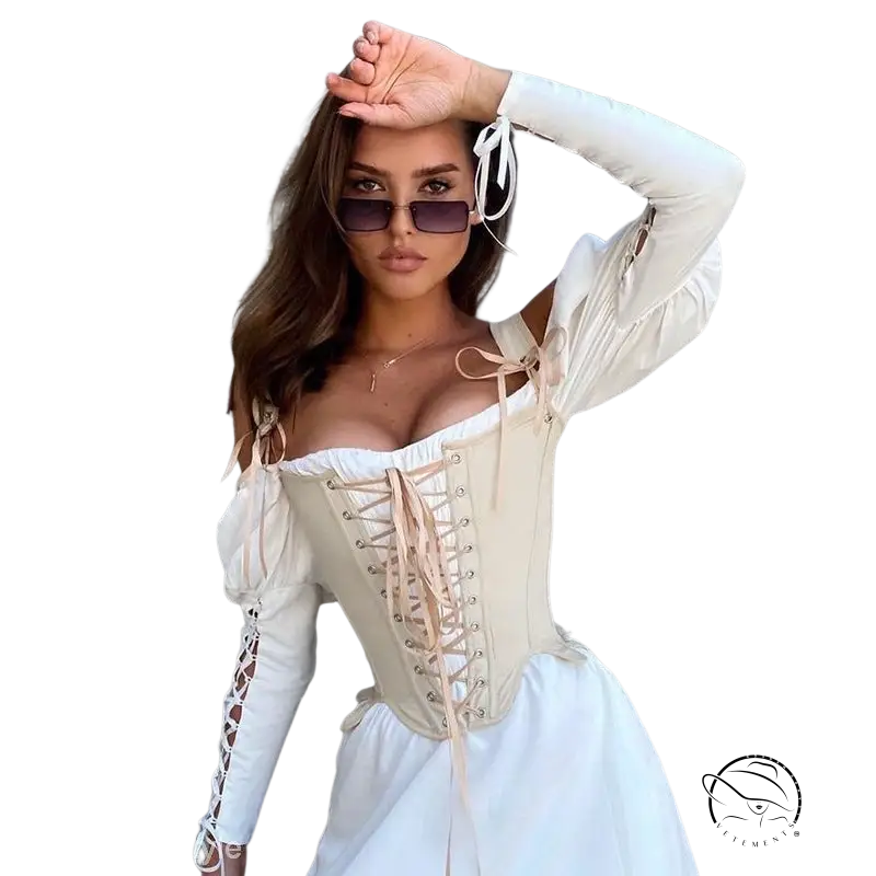 Woman in army green cowgirl boning corset, waist slim fit top with white skirt