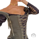 Woman in army green cowgirl boning corset with waist slim fit top and gold choker