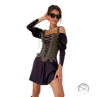 Woman in army green cowgirl boning corset, waist slim fit top and black mini skirt