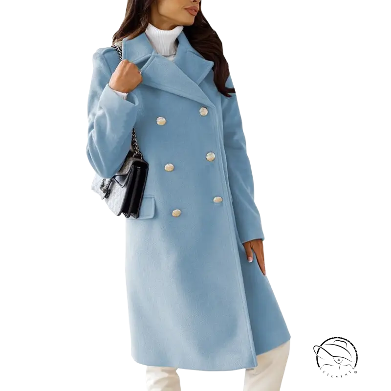Army green double breasted long sleeve collared woolen coat with white buttons