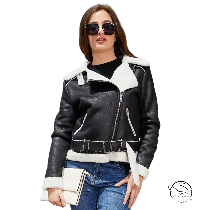 Army green faux shearling leather jacket with belted closure and pockets