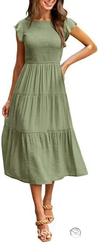 Army green flounced large swing dress with ruffle details