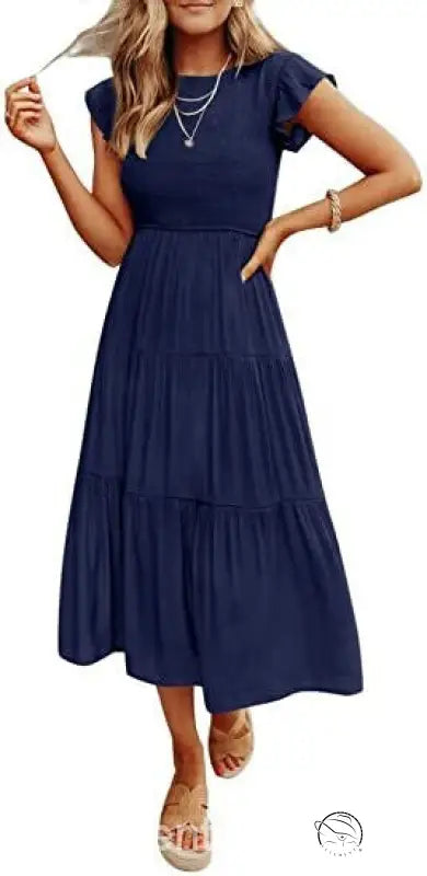 Army green flounced large swing dress with ruffle cutout details