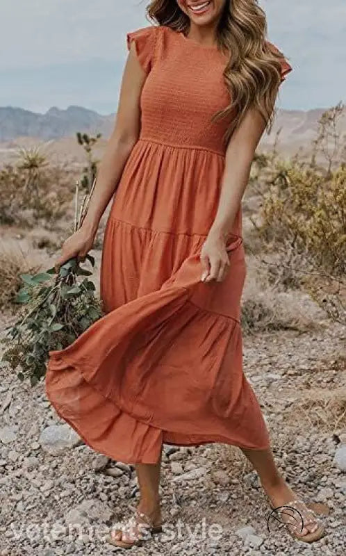 Army green flounced large swing dress with rust tiered midi ruffles