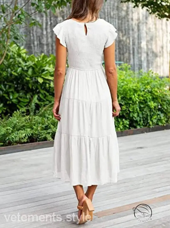 Army green flounced large swing dress with white tiered midi ruffles