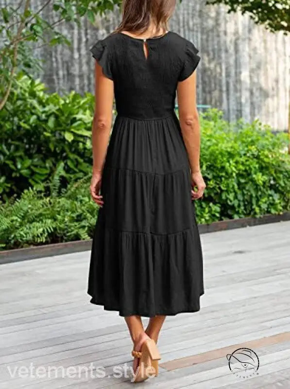 Army green flounced large swing dress with ruffle details