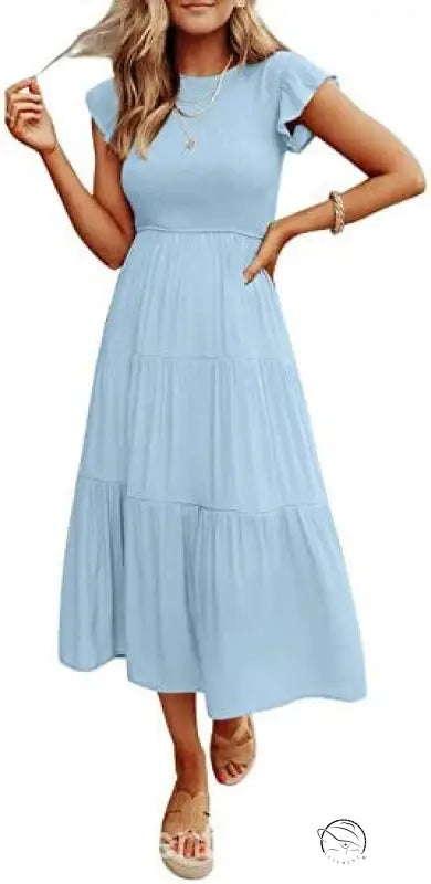 Army green flounced large swing dress with ruffle details