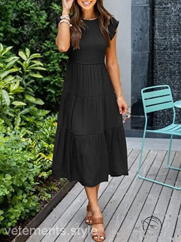Army green flounced large swing dress with ruffle details